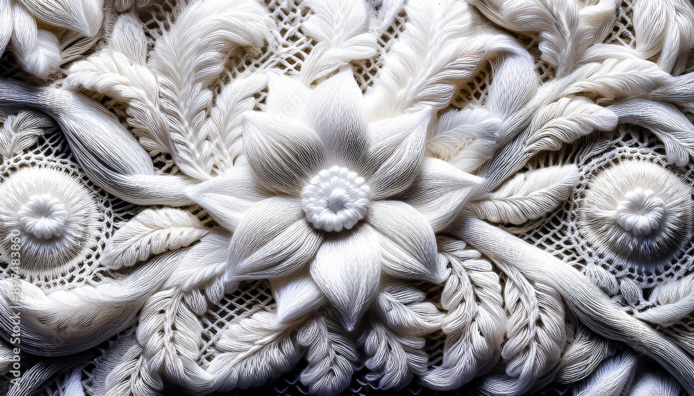 Flat lay cozy surface of white floral pattern solid macrame fabric, panoramic view Flat lay cozy surface of white floral pattern solid macrame fabric, panoramic view