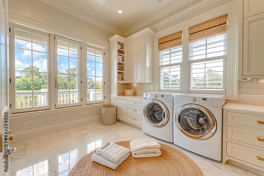 Bright and clean laundry room with modern appliances, large windows, and natural light creating an inviting space for everyday chores. Bright and clean laundry room with modern appliances, large windows, and natural light creating an inviting space for everyday chores.