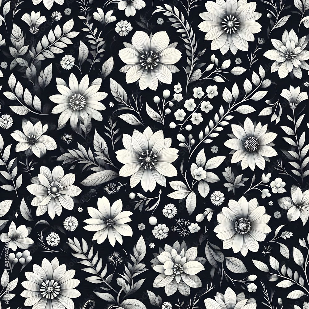 Monochrome Floral Pattern on Black Background. Generative Ai. Monochrome Floral Pattern on Black Background. Generative Ai.