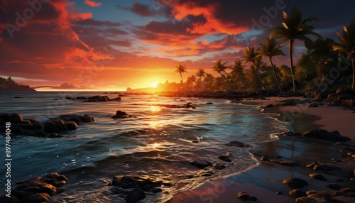 A picturesque sunset over a tranquil beach with palm trees