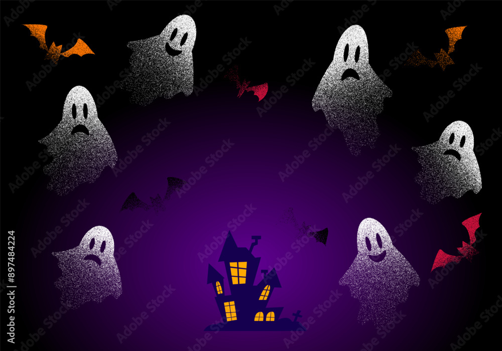 Illustration Halloween spooky night background with grain texture. Banner halloween. Halloween banner with bat, ghost, tombstone. Elements for poster design, stickers. Vector illustration. EPS 10 Illustration Halloween spooky night background with grain texture. Banner halloween. Halloween banner with bat, ghost, tombstone. Elements for poster design, stickers. Vector illustration. EPS 10