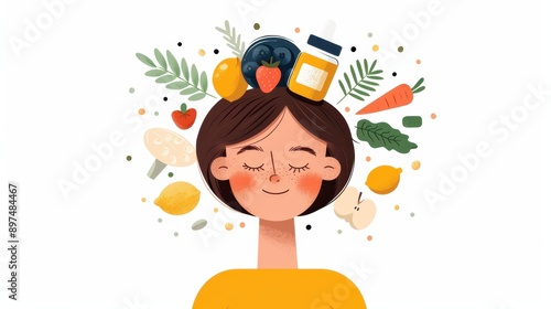 This image illustrates a head surrounded by various healthy foods and wellness items, promoting a balanced lifestyle and well-being, set against a clean, white background.