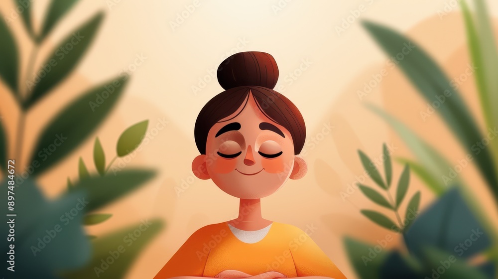 Illustration of a young girl with a bun, meditating with crossed arms in a serene setting surrounded by lush green house plants, promoting a calming and mindful environment. Illustration of a young girl with a bun, meditating with crossed arms in a serene setting surrounded by lush green house plants, promoting a calming and mindful environment.
