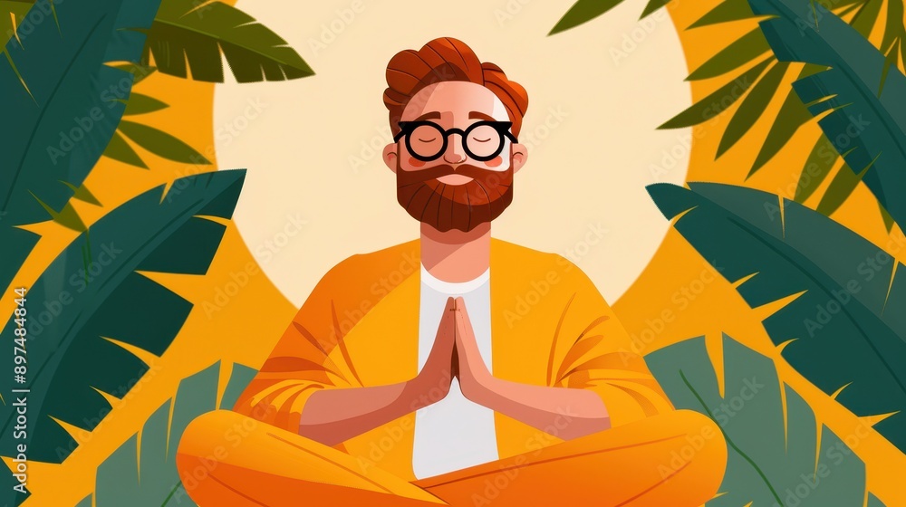 In this illustration, a person is seen meditating, seated cross-legged with palms together amidst tropical plants and warm tones, radiating peace and balance. In this illustration, a person is seen meditating, seated cross-legged with palms together amidst tropical plants and warm tones, radiating peace and balance.