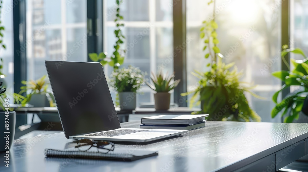 Laptop on a desk with plants and sunlight streaming through the window. Laptop on a desk with plants and sunlight streaming through the window.