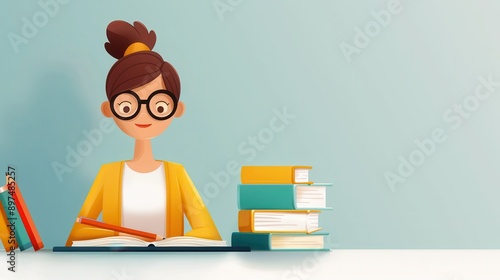 A woman sits at her desk with neatly stacked books and pencils, focused on writing notes, illustrating dedication, organization, and the pursuit of knowledge in a vibrant space. photo