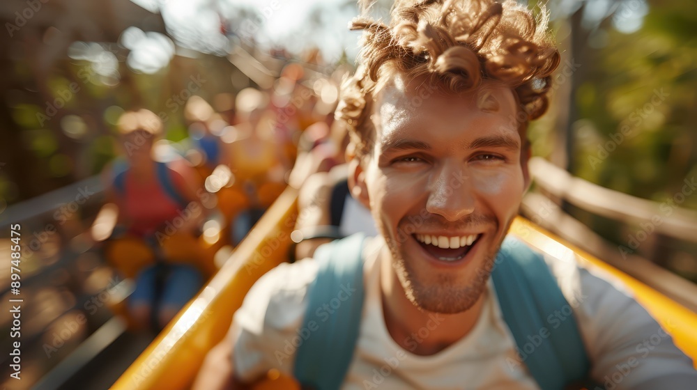 Photo of a young man enjoying a thrilling roller coaster ride at an amusement park, with a background filled with greenery and other passengers in vibrant color jackets. Photo of a young man enjoying a thrilling roller coaster ride at an amusement park, with a background filled with greenery and other passengers in vibrant color jackets.
