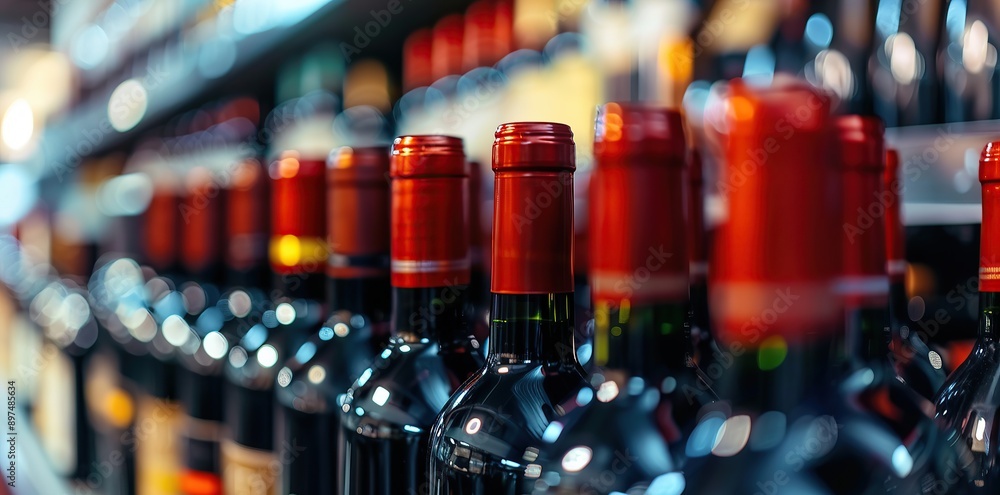 Bottles of red wine on the shelf in a row close-up Bottles of red wine on the shelf in a row close-up