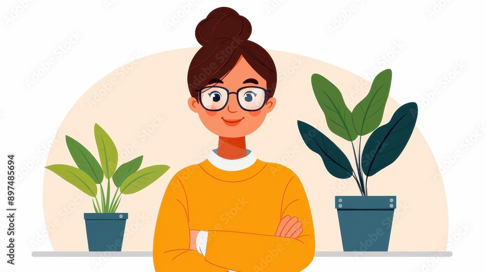 Digital illustration showing a woman with folded arms standing in front of potted plants, representing calmness, nature, and contemporary indoor gardening lifestyle. Digital illustration showing a woman with folded arms standing in front of potted plants, representing calmness, nature, and contemporary indoor gardening lifestyle.