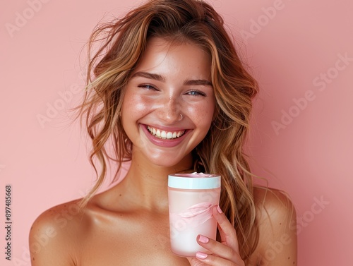 Radiant Beauty - Cheerful Model with Skincare Product on Pastel Pink Background