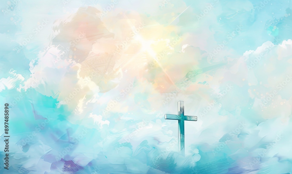 Christian cross appeared bright in the sky with soft fluffy clouds, white, beautiful colors. Christian cross appeared bright in the sky with soft fluffy clouds, white, beautiful colors.