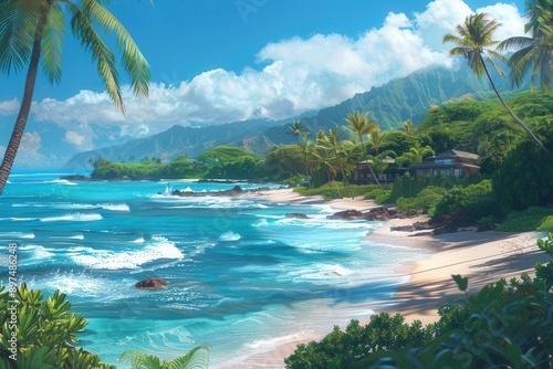 Scenic view of a Hawaiian beach, pristine white sands, crystalclear water, lush palm trees, houses nestled along the coast, Generative AI, bright and tranquil, tropical paradise © Karn AS Images