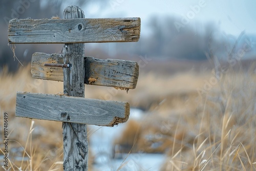 Rustic wooden signpost with three empty signs in a rural field photo