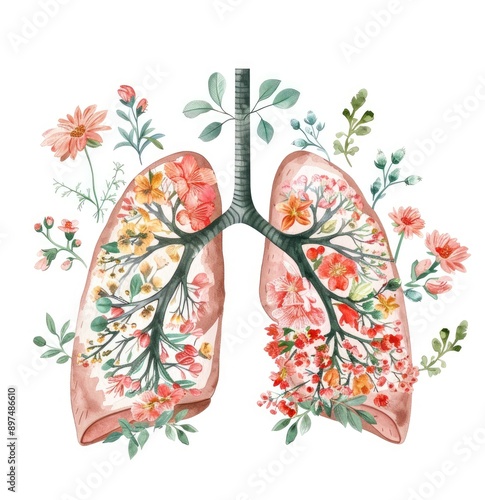 Human lungs made of spring flowers and plants isolated on white background, healthy lungs medical concept watercolour