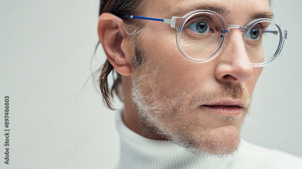 Portrait of a 40s Caucasian man posing with transparent glasses on white background. Portrait of a 40s Caucasian man posing with transparent glasses on white background.