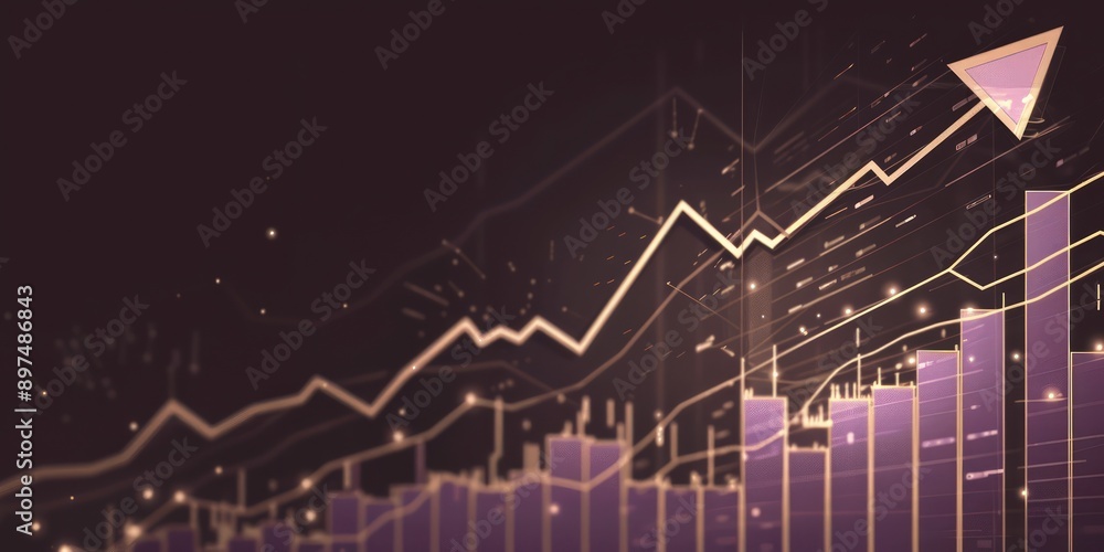 Digital mint arrow up with stock market graph and growth chart on dark background, fuchsia accents, vector illustration, flat design, detailed, , professional lighting, cinematic shot. Digital mint arrow up with stock market graph and growth chart on dark background, fuchsia accents, vector illustration, flat design, detailed, , professional lighting, cinematic shot.
