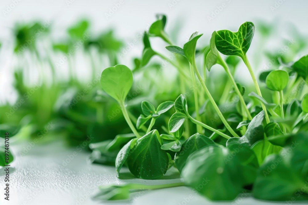 New pea seedling shoots isolated against a white backdrop New pea seedling shoots isolated against a white backdrop