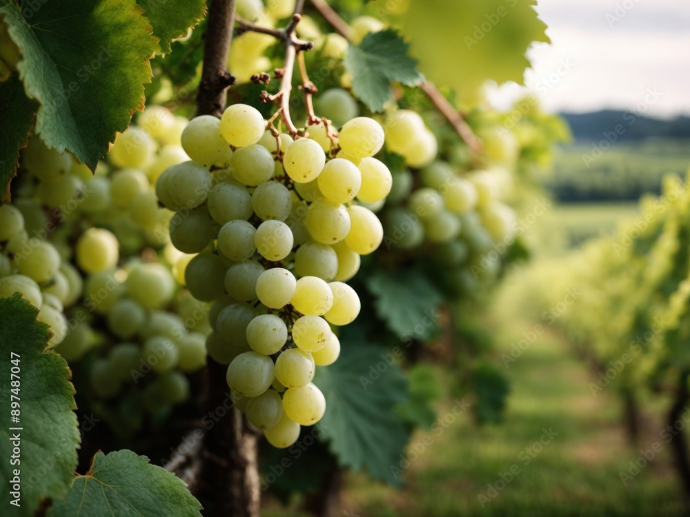 Fototapeta premium Close-up of a green grapevine in a vineyard, with colorful leaves and ripening clusters symbolizing the harvest