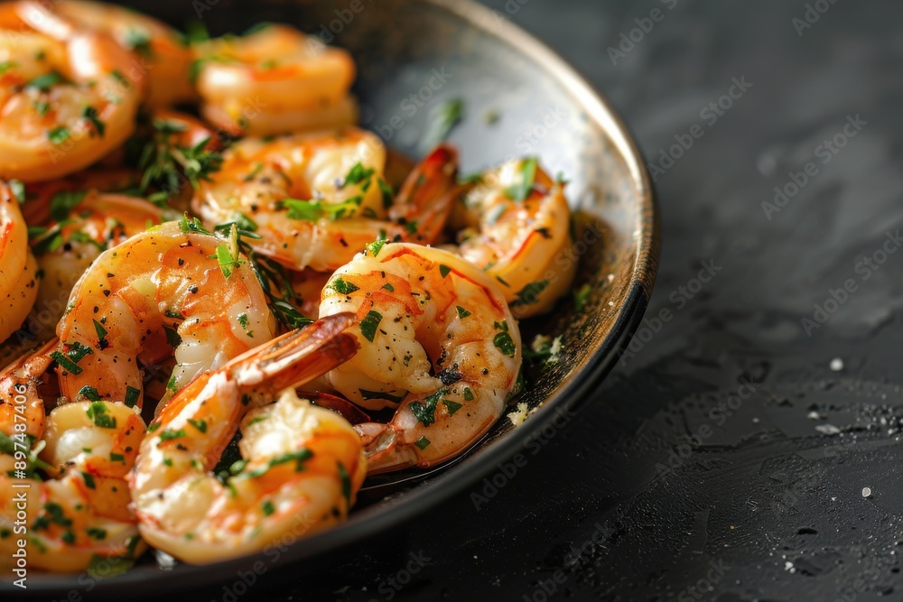 Seafood with garlic, herbs, and lemon on a dark canvas with room for text