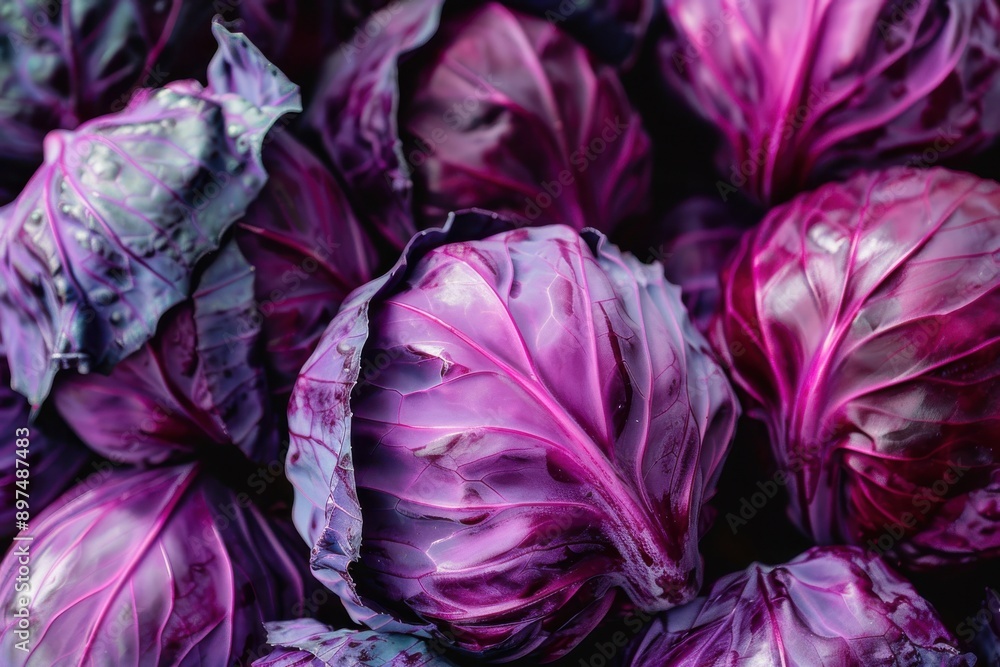 Vibrant purple red cabbage heads stacked together, highlighting their unique textures and rich color Vibrant purple red cabbage heads stacked together, highlighting their unique textures and rich color