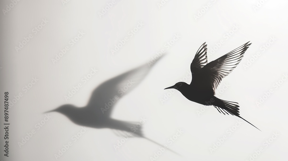 Graceful Black Bird Soaring Through the Sky with Majestic Wings Fully Extended on Bright White Background, Symbolizing Freedom and Elegance Graceful Black Bird Soaring Through the Sky with Majestic Wings Fully Extended on Bright White Background, Symbolizing Freedom and Elegance