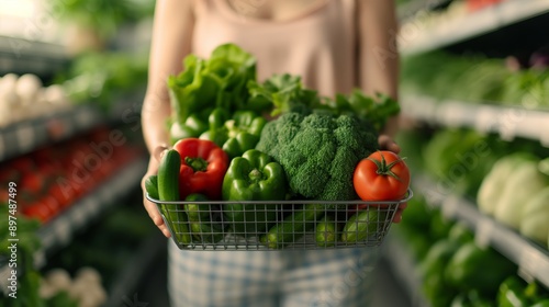 Person holding a basket filled with fresh vegetables in a grocery store aisle, showcasing healthy eating and sustainable shopping.