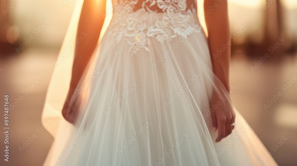 An exquisite scene focusing on a bride in her elegant white wedding dress, showcasing the intricate lace details and flowy fabric, symbolizing the beauty and joy of weddings. An exquisite scene focusing on a bride in her elegant white wedding dress, showcasing the intricate lace details and flowy fabric, symbolizing the beauty and joy of weddings.