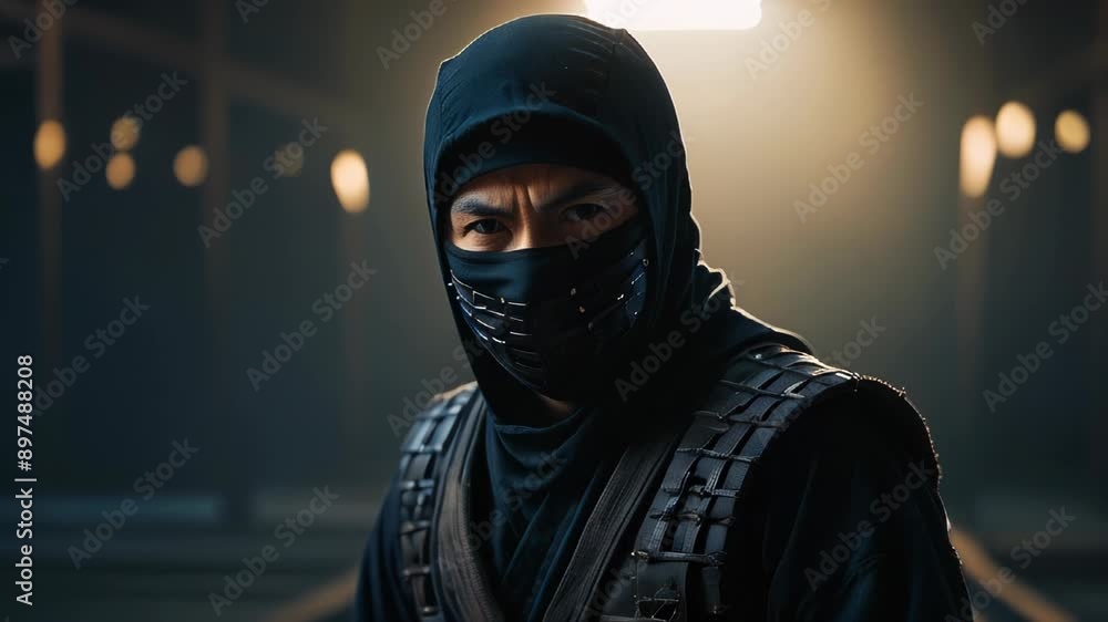 A Ninja Stands In A Dark Room, Bathed In Light A Ninja Stands In A Dark Room, Bathed In Light