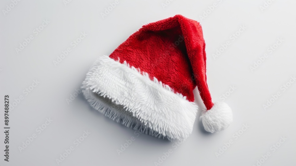 A red and white santa hat is sitting on a white background A red and white santa hat is sitting on a white background