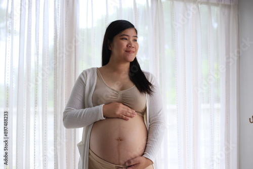 Happy pregnant woman with big tummy relax at home. Portrait of pregnant mature woman standing near the window and caresses her belly. Smiling woman expecting child and looking at camera. Free Download Happy pregnant woman with big tummy relax at home. Portrait of pregnant mature woman standing near the window and caresses her belly. Smiling woman expecting child and looking at camera. - GFXLoad