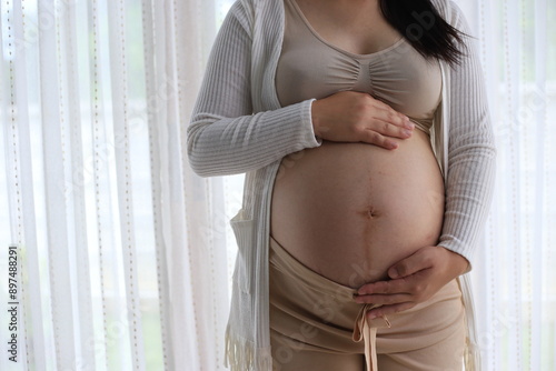 Happy pregnant woman with big tummy relax at home. Portrait of pregnant mature woman standing near the window and caresses her belly. Smiling woman expecting child and looking at camera. Free Download Happy pregnant woman with big tummy relax at home. Portrait of pregnant mature woman standing near the window and caresses her belly. Smiling woman expecting child and looking at camera. - GFXLoad