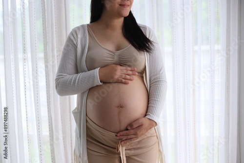 Happy pregnant woman with big tummy relax at home. Portrait of pregnant mature woman standing near the window and caresses her belly. Smiling woman expecting child and looking at camera. Free Download Happy pregnant woman with big tummy relax at home. Portrait of pregnant mature woman standing near the window and caresses her belly. Smiling woman expecting child and looking at camera. - GFXLoad
