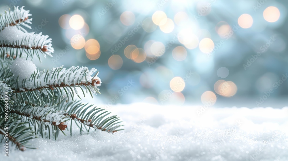 A pine tree with snow on it is the main focus of the image A pine tree with snow on it is the main focus of the image