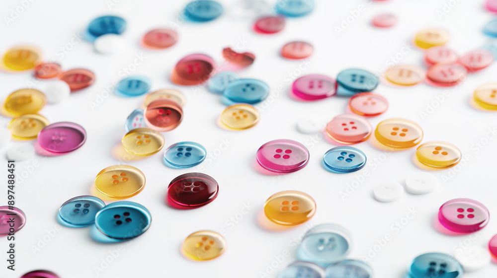 Multicolored, scattered, sewing buttons on white background, close-up, assorted colors, button collection, sewing supplies concept Multicolored, scattered, sewing buttons on white background, close-up, assorted colors, button collection, sewing supplies concept