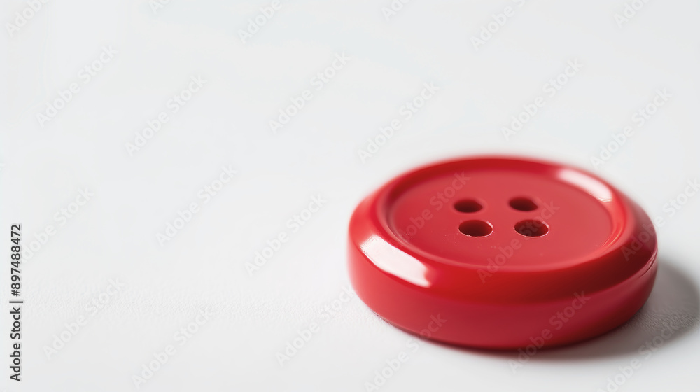 Closeup of red plastic button, sewing accessory on white background, detailed macro shot, vibrant color, DIY crafting concept Closeup of red plastic button, sewing accessory on white background, detailed macro shot, vibrant color, DIY crafting concept