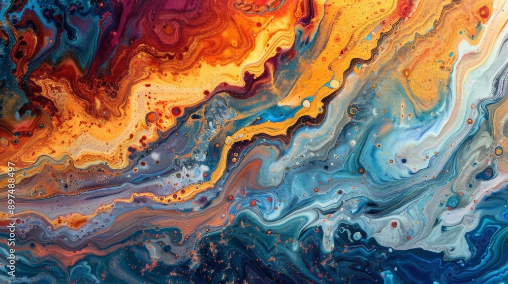 Acrylic paint flowing and blending to create colorful shapes in abstract background Acrylic paint flowing and blending to create colorful shapes in abstract background