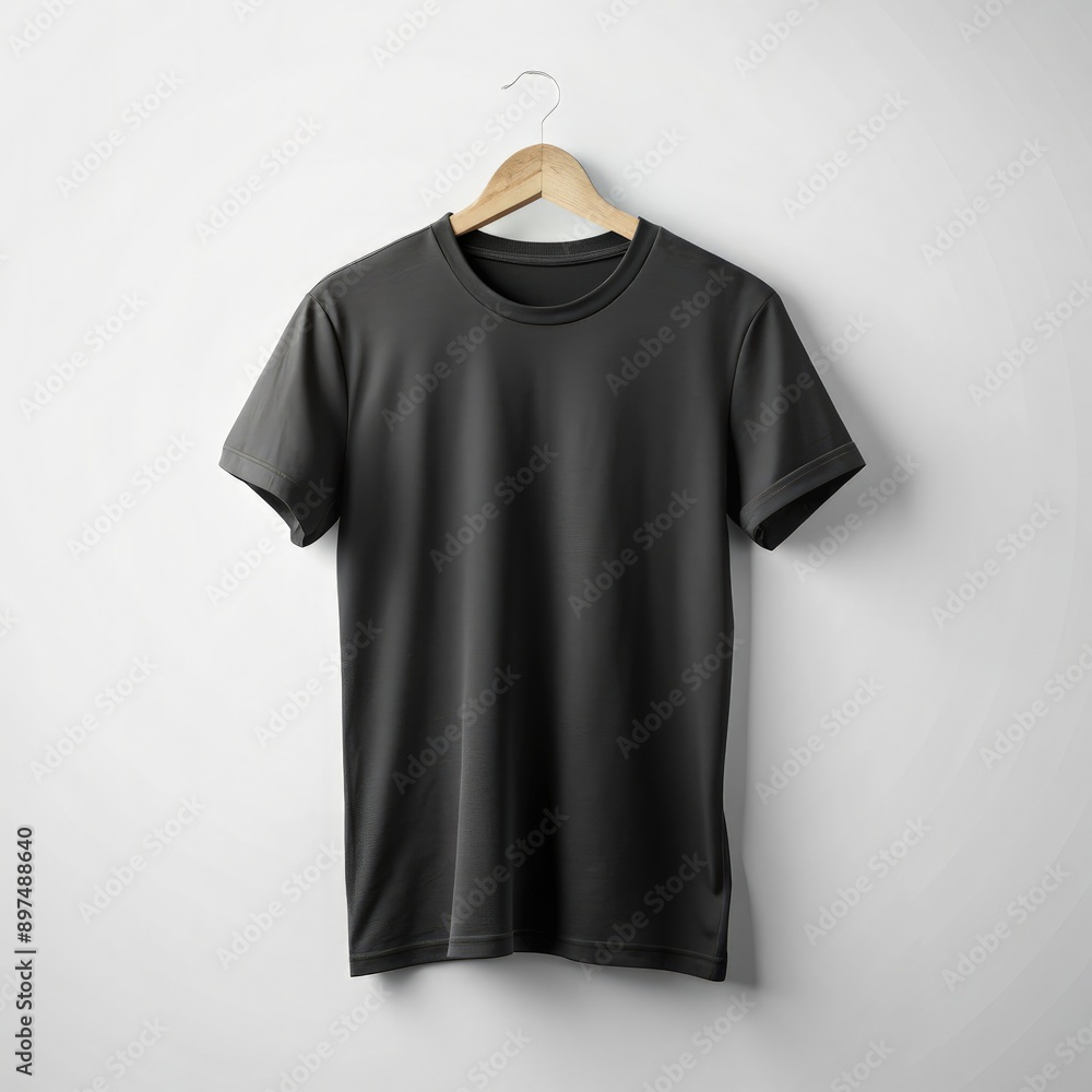 Blank Black T-Shirt Mockup Hanging on Wooden Hanger Against White Wall. Generative AI Blank Black T-Shirt Mockup Hanging on Wooden Hanger Against White Wall. Generative AI