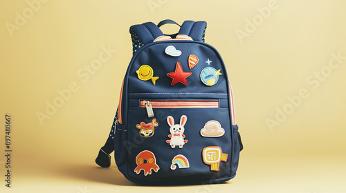 Colorful backpack with decorative patches, kids school bag, playful design, vibrant accessories, back to school concept photo