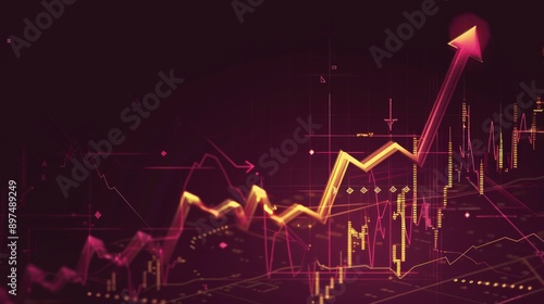 Digital olive arrow up with stock market graph and growth chart on dark background, maroon highlights, vector illustration, flat design, detailed, high-resolution, , professional lighting.