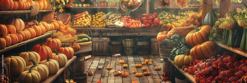 A bustling farmers market overflowing with pumpkins, squash, apples, and other autumn vegetables and fruits. Generative AI A bustling farmers market overflowing with pumpkins, squash, apples, and other autumn vegetables and fruits. Generative AI