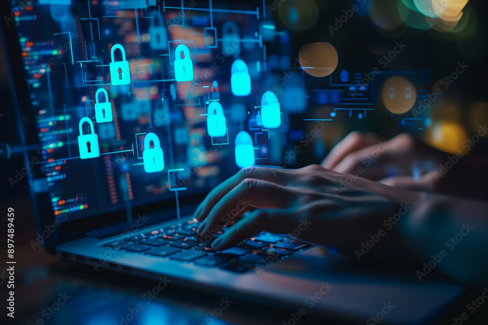 A person is typing on their laptop, with digital blue padlock icons floating above the keyboard and screen A person is typing on their laptop, with digital blue padlock icons floating above the keyboard and screen