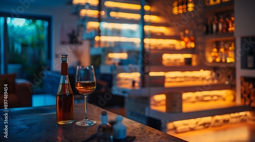 Blurred Mini Bar Setup Under Stairs in Cozy Home Interior photo