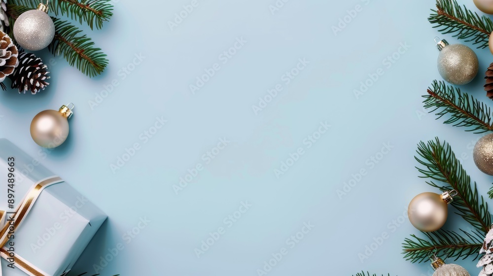 A blue background with a Christmas tree and a box of gifts A blue background with a Christmas tree and a box of gifts