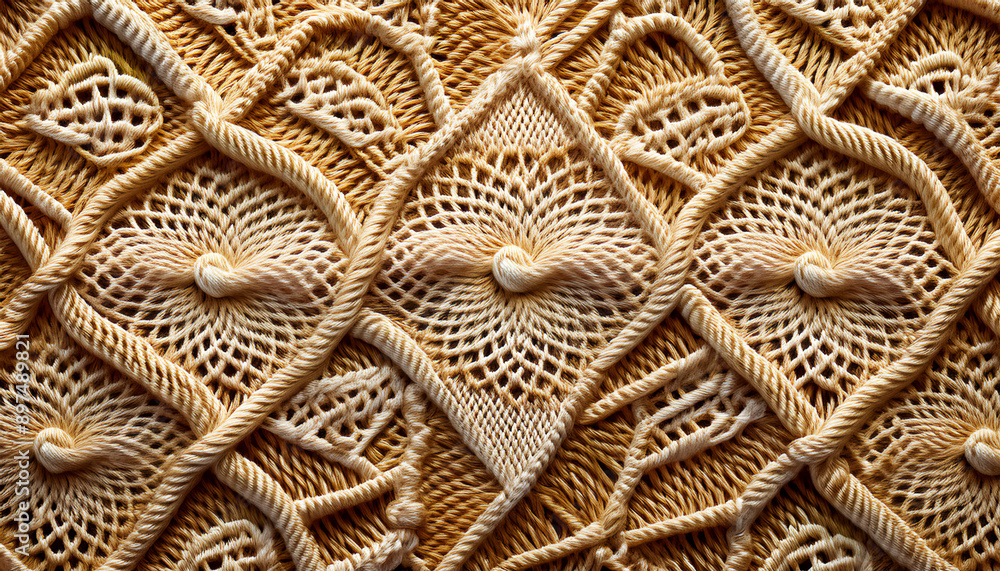 Flat lay abstract surface of floral pattern solid macrame fabric, panoramic view Flat lay abstract surface of floral pattern solid macrame fabric, panoramic view
