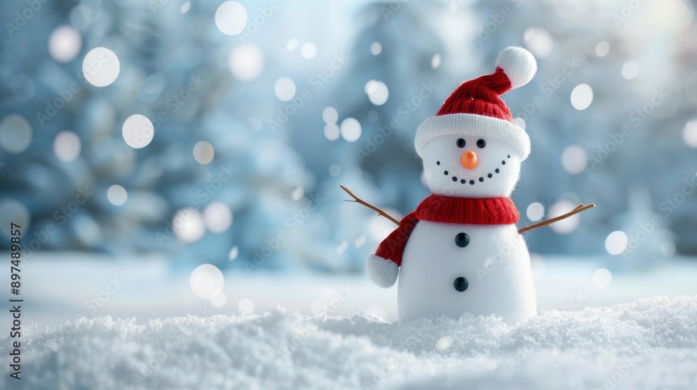 A snowman with a red scarf and a santa hat stands in the snow A snowman with a red scarf and a santa hat stands in the snow