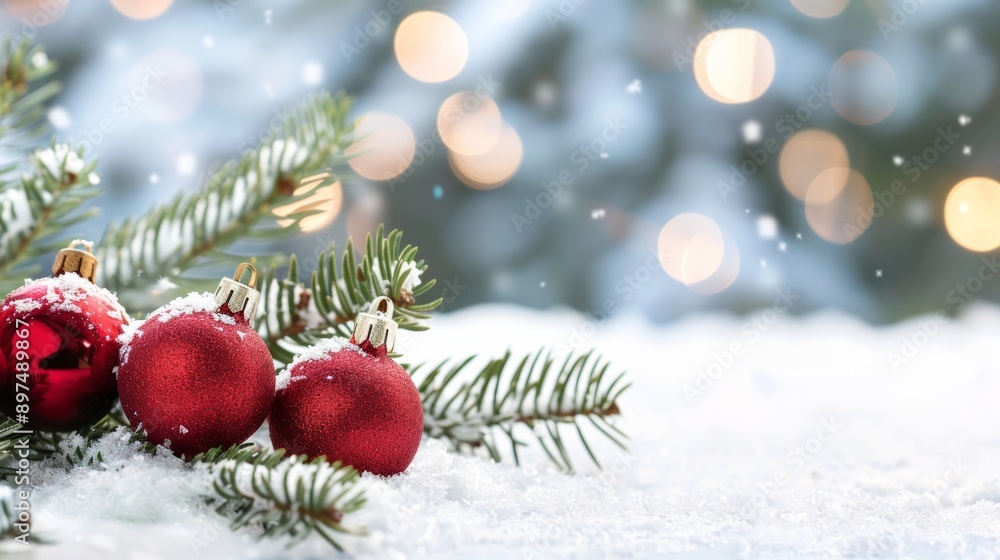 Three red Christmas ornaments are on a pine tree branch Three red Christmas ornaments are on a pine tree branch