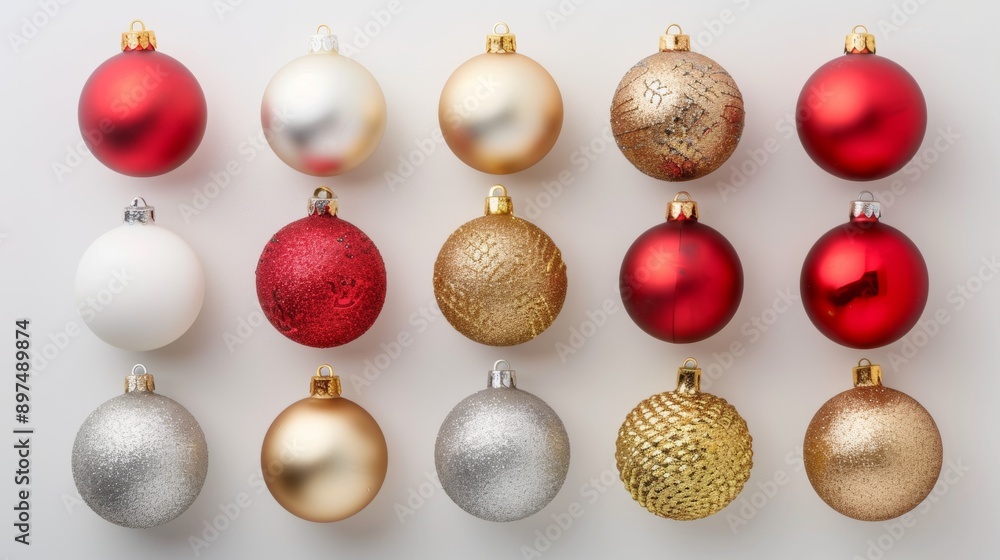 A row of gold and red ornaments with a white background A row of gold and red ornaments with a white background