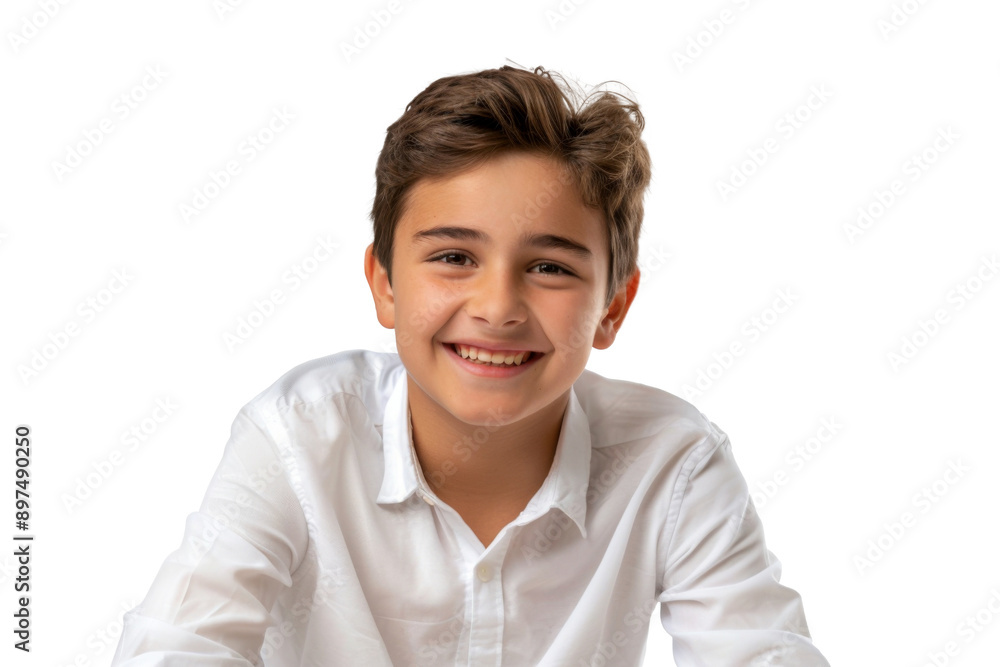 Portrait of cheerful kid wear white shirt with smiling face isolated on transparent background, little boy with smart look Portrait of cheerful kid wear white shirt with smiling face isolated on transparent background, little boy with smart look