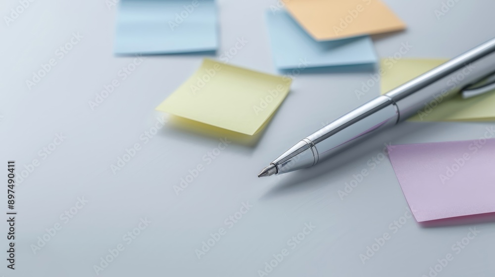 A sleek pen rests beside colorful sticky notes on a clean surface, perfect for creative ideas and organized planning. A sleek pen rests beside colorful sticky notes on a clean surface, perfect for creative ideas and organized planning.