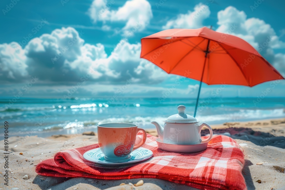 A picturesque photograph of a tea set placed on a blanket at the beach, under a large beach umbrella. A picturesque photograph of a tea set placed on a blanket at the beach, under a large beach umbrella.